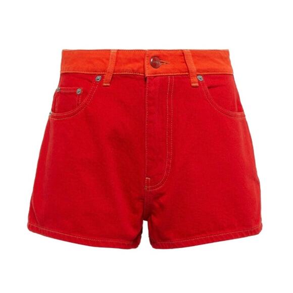 Ganni Colorblock High Rise Denim Shorts in Red/ Orange - Picture 4 of 13